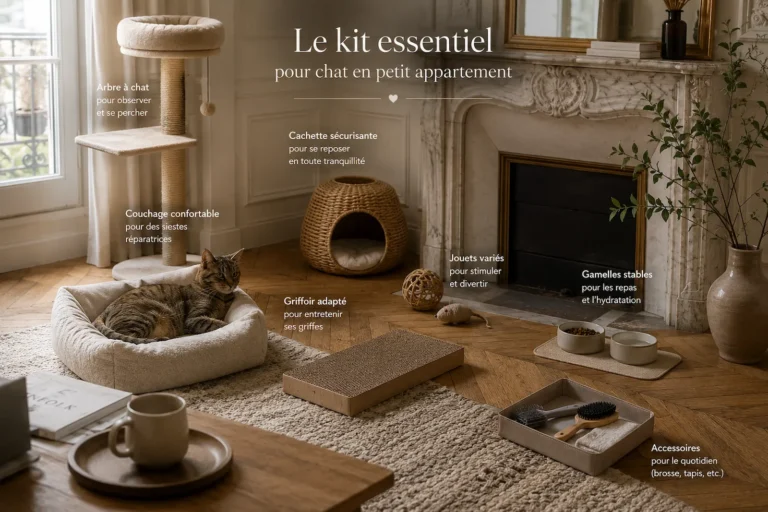 Sélection d’accessoires essentiels pour le confort d’un chat vivant dans un petit appartement soigneusement aménagé.