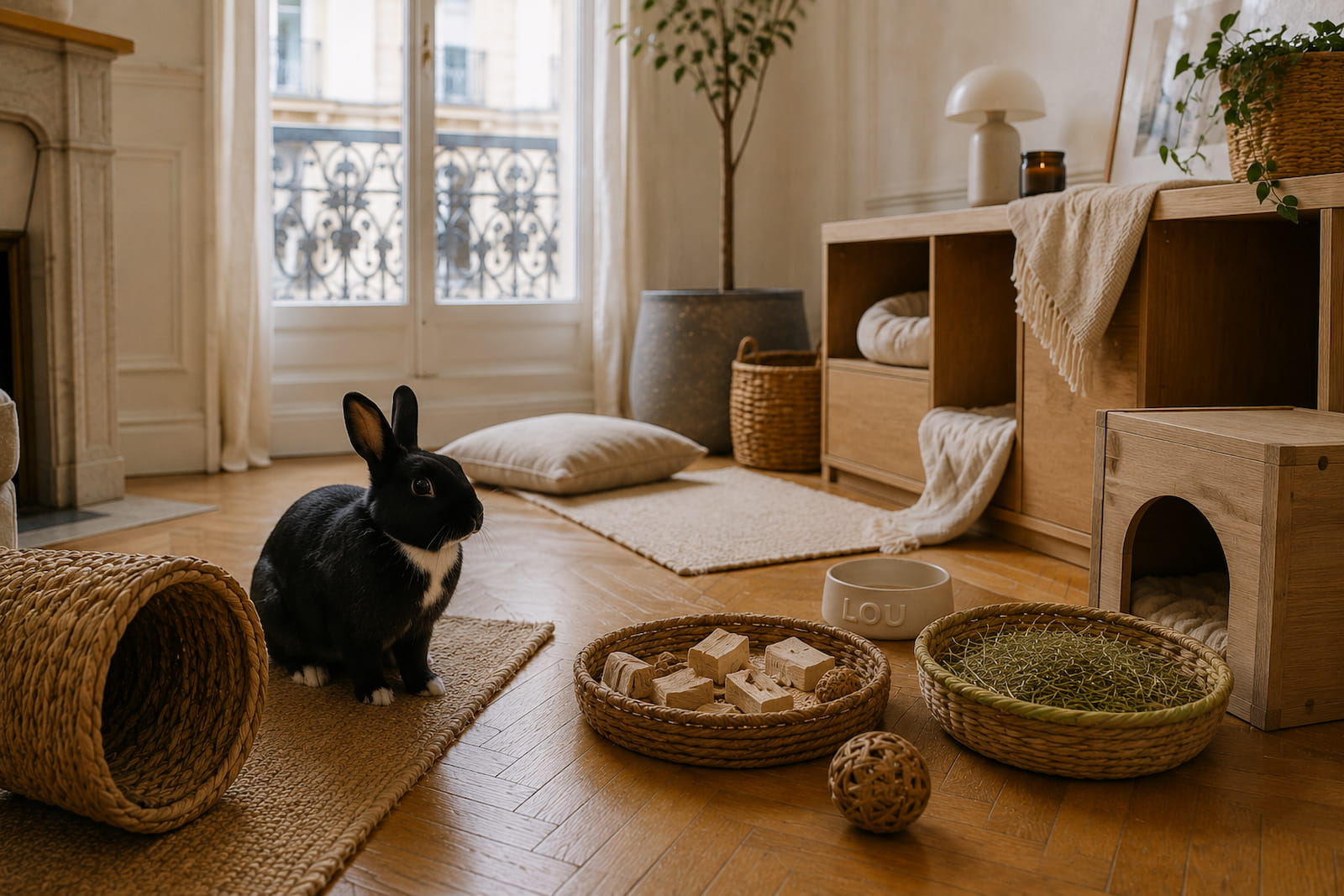 Lapin noir avec plastron blanc évoluant librement dans un salon haussmannien aménagé pour son bien-être.