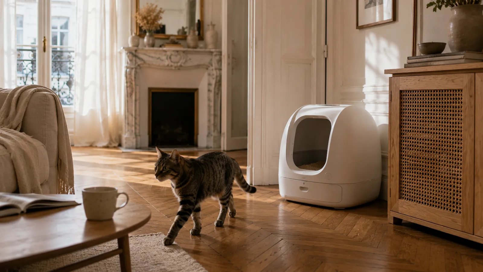 Litière autonettoyante pour chat intégrée dans un appartement haussmannien lumineux avec parquet ancien, décoration naturelle et ambiance slow living.