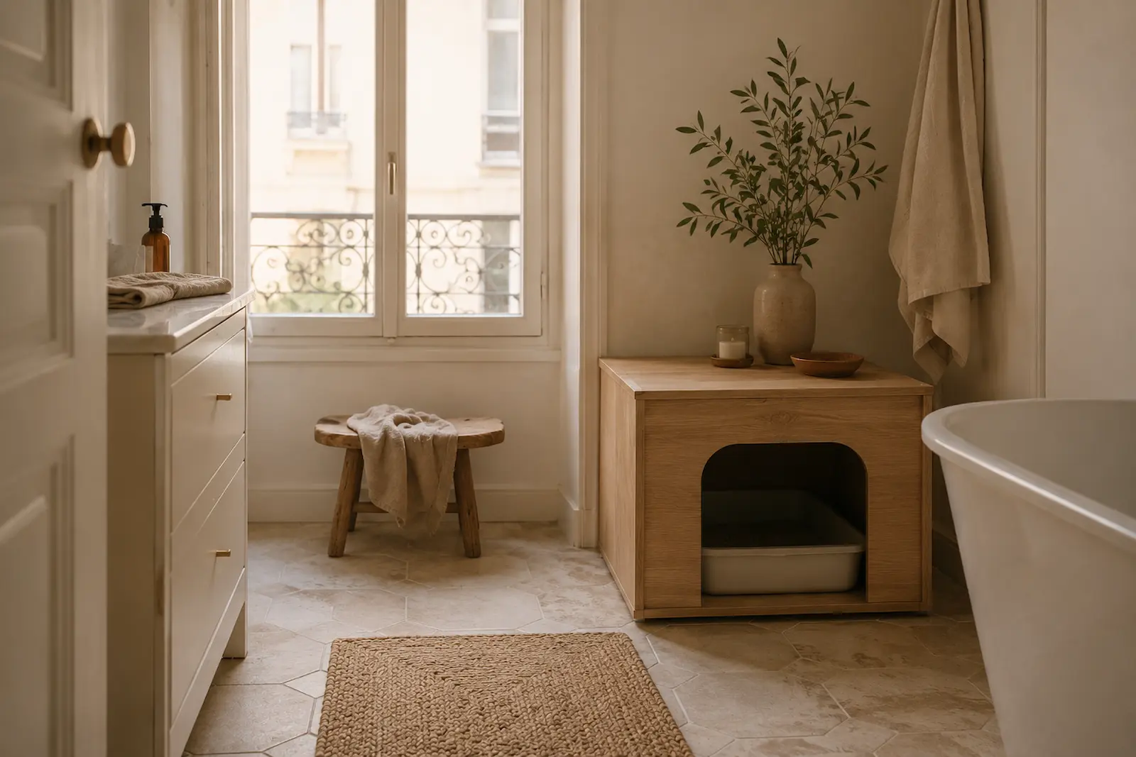Meuble cache-litière en bois dans une salle de bain haussmannienne lumineuse et apaisante.