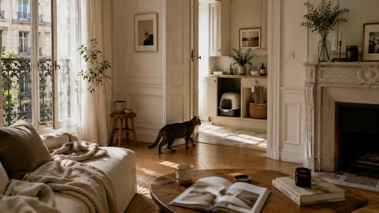 Appartement haussmannien lumineux avec meuble intégré dissimulant un bac à litière et chat se déplaçant naturellement dans le salon.