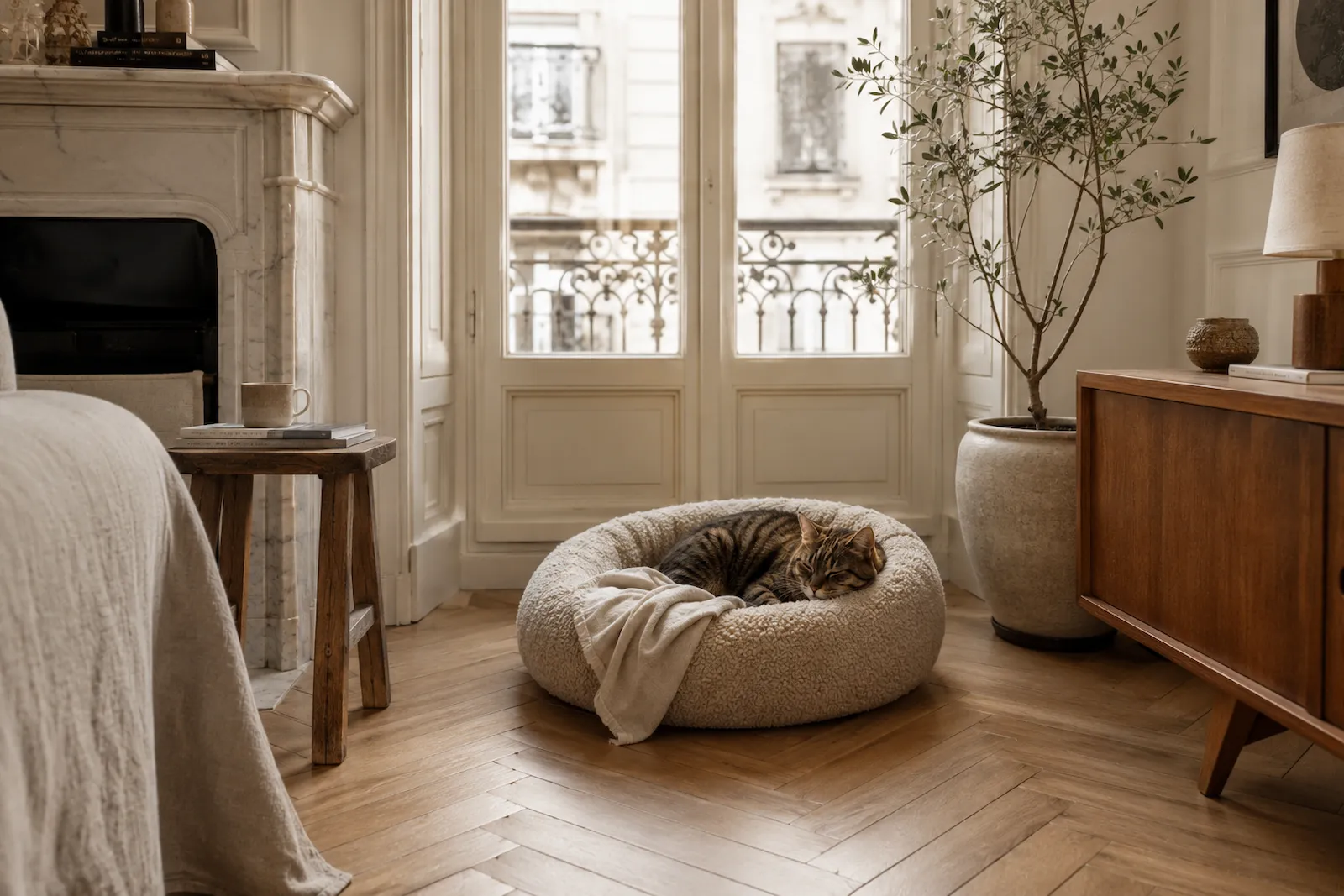 Chatte tigrée dormant dans un couchage moelleux au sol dans une chambre haussmannienne lumineuse, espace calme et confortable adapté à la vie en appartement.