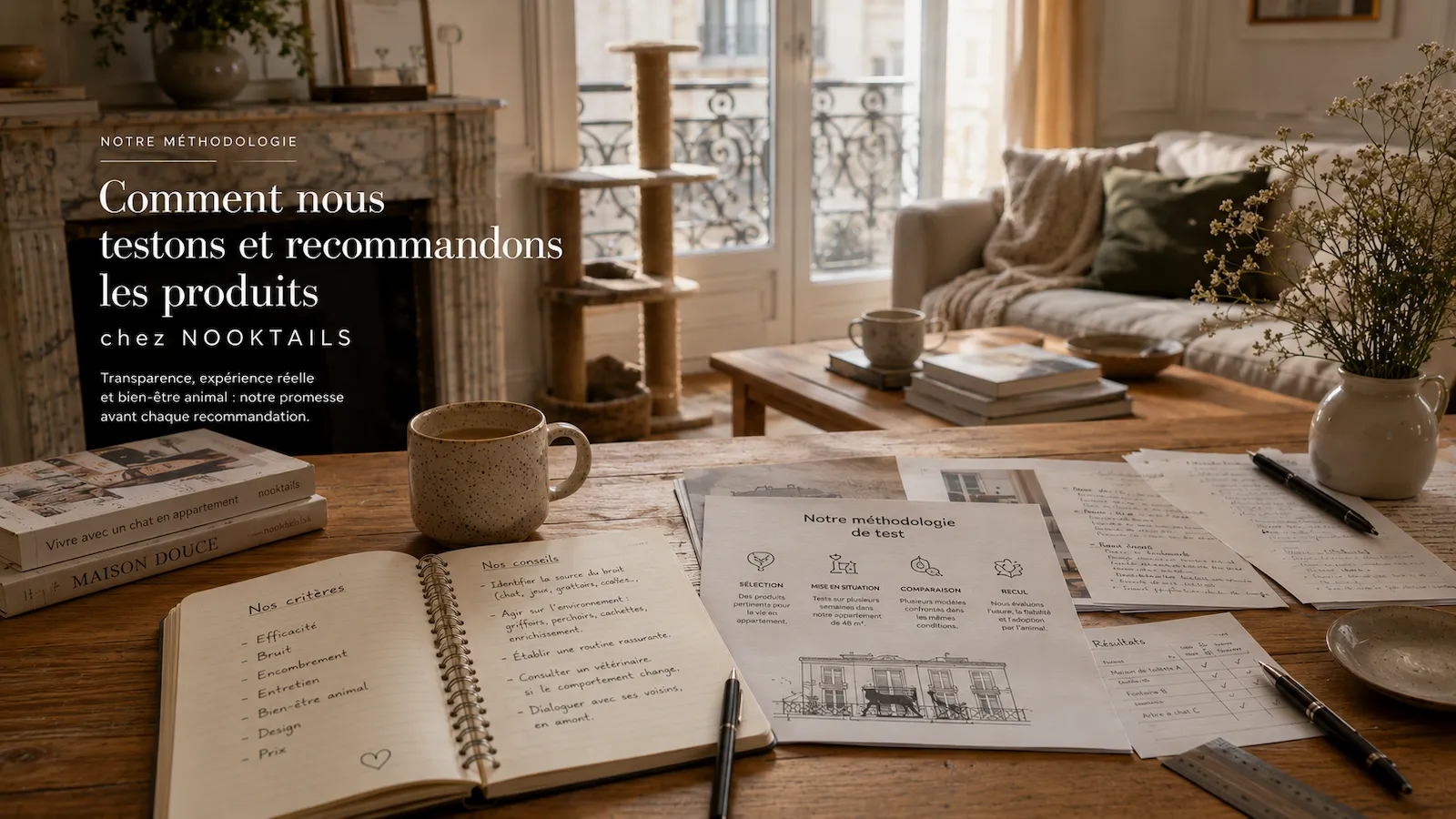 Table de travail avec carnet et fiches de comparaison dans un appartement haussmannien illustrant la méthodologie de test NOOKTAIL