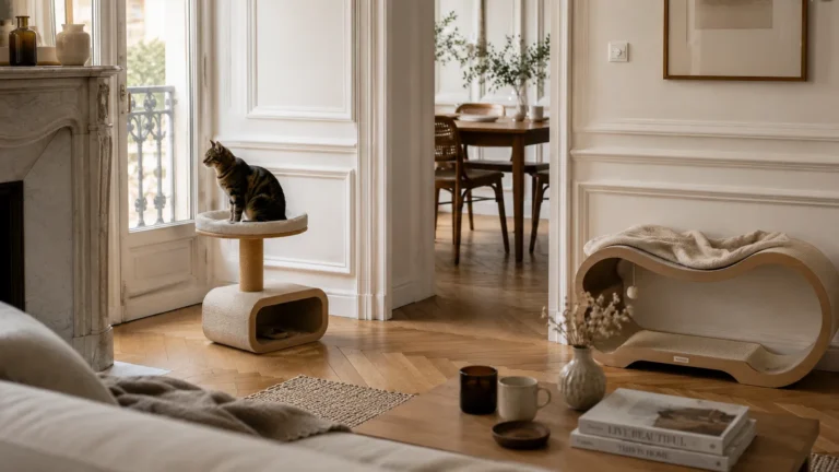 Mobilier design pour chat intégré à un salon haussmannien lumineux avec parquet en point de Hongrie et décoration naturelle.