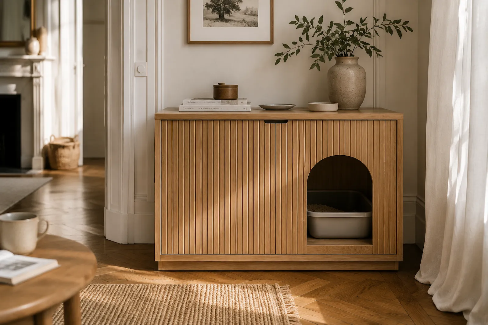 Meuble cache-litière en bois clair intégré à un intérieur haussmannien lumineux et minimaliste.