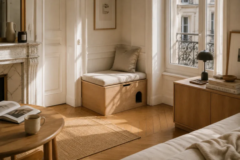 Banc-coffre de rangement multifonction intégré à un intérieur haussmannien lumineux aux tons naturels.