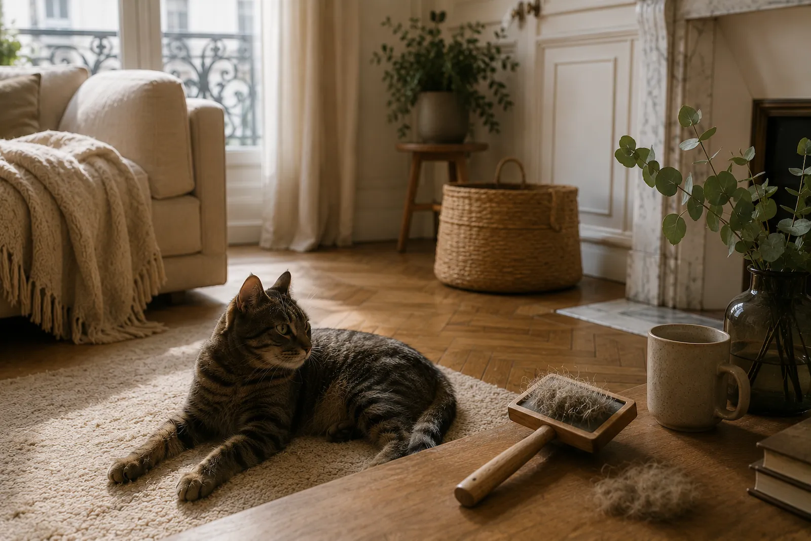 Chat tigré allongé sur un tapis avec une brosse remplie de poils dans un salon haussmannien lumineux.