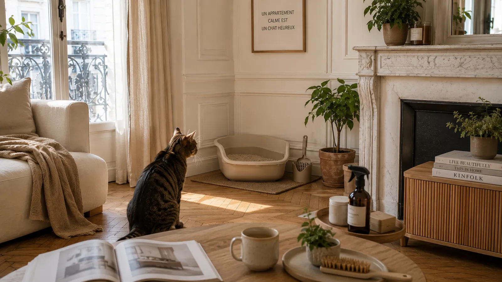 Lou observe son bac à litière dans un appartement haussmannien lumineux, pour illustrer un guide sur les odeurs de litière en appartement.