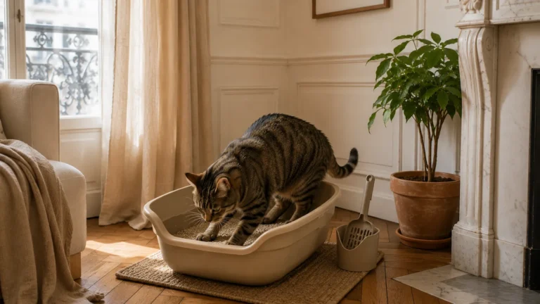 Lou gratte sa litière dans un appartement haussmannien parisien baigné de lumière naturelle.