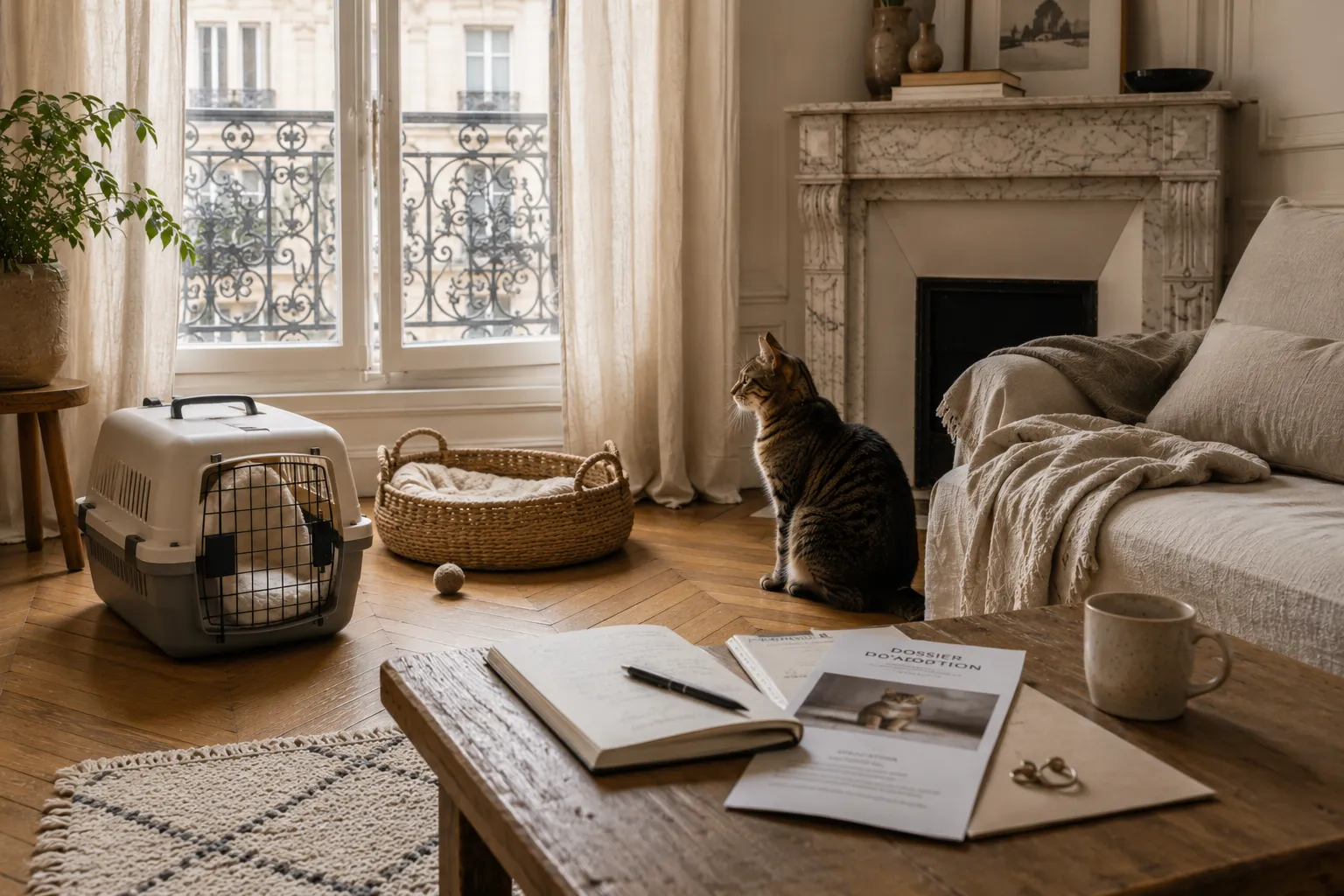 Chat tigré dans un appartement parisien avec un dossier d’adoption et une caisse de transport prête à l’accueillir.
