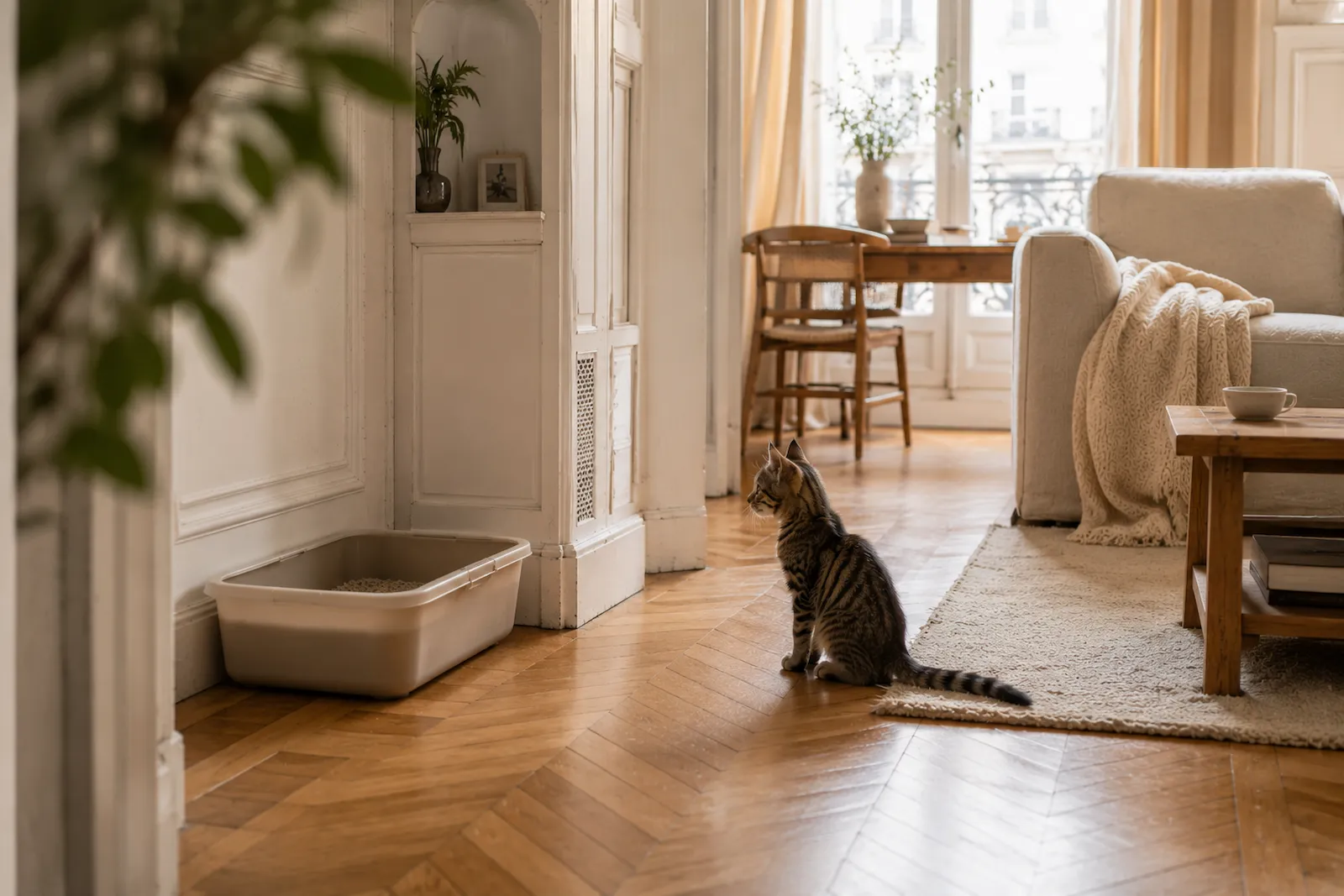 Chaton près d’une litière dans un appartement de 48 m² lumineux et bien aménagé