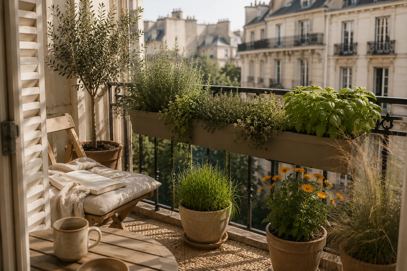 Balcon parisien avec aromatiques et plantes non toxiques pour chat dans un appartement haussmannien.