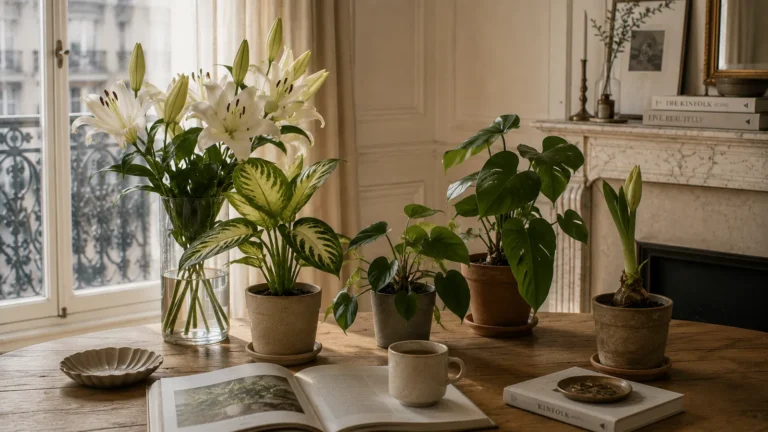 Plantes d’intérieur potentiellement toxiques pour les chats dans un appartement haussmannien lumineux.