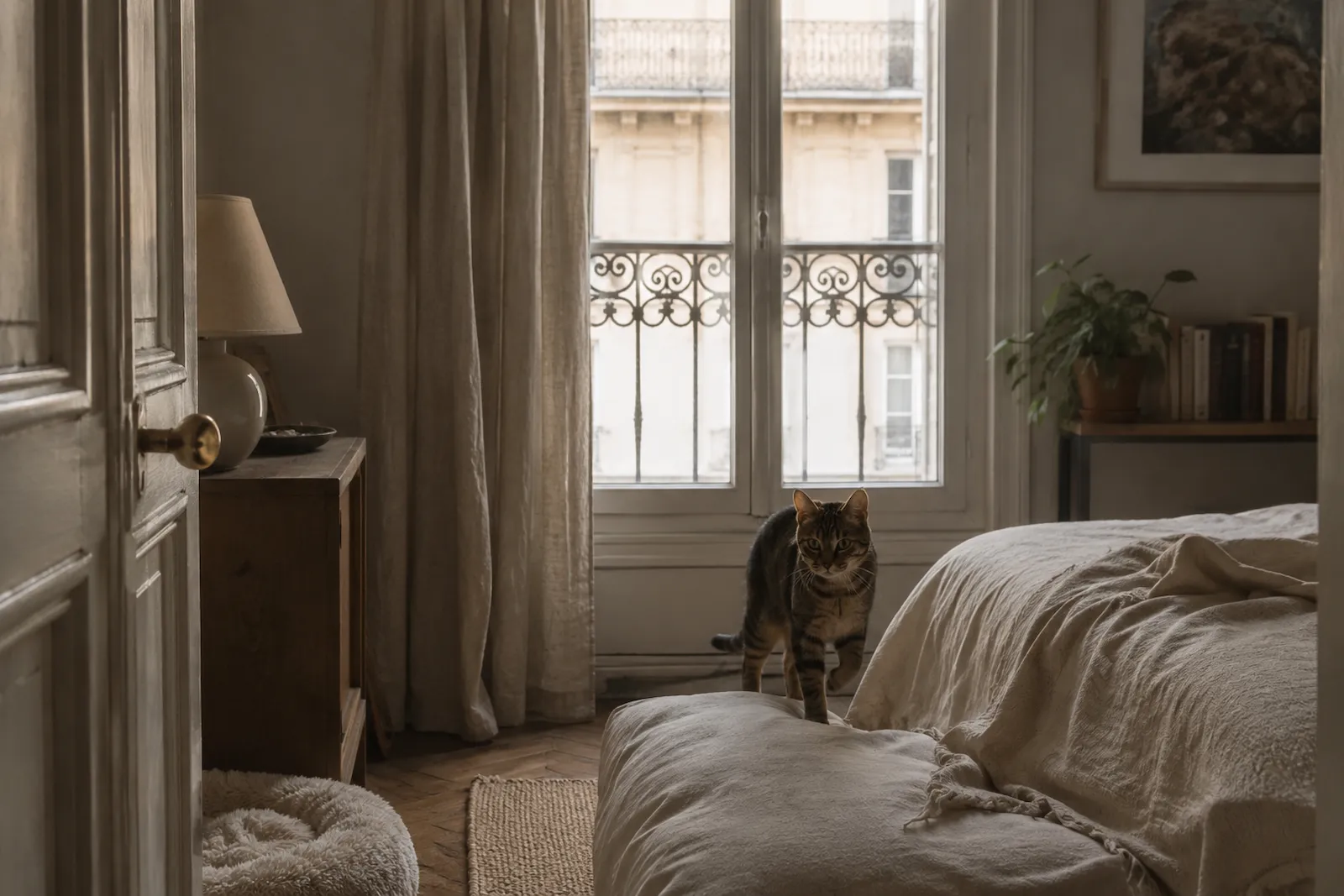 Un chat nouvellement adopté explore calmement son nouvel environnement dans un appartement apaisant.