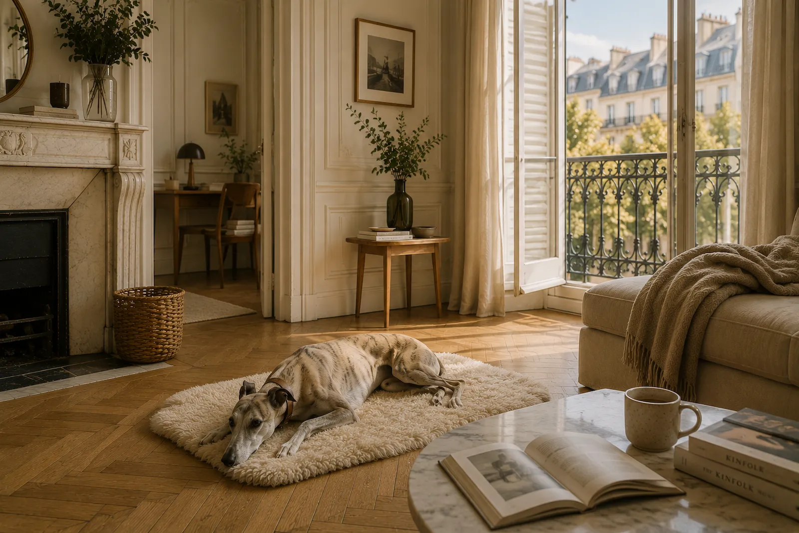 Whippet allongé paisiblement dans un salon haussmannien lumineux aux tons naturels.