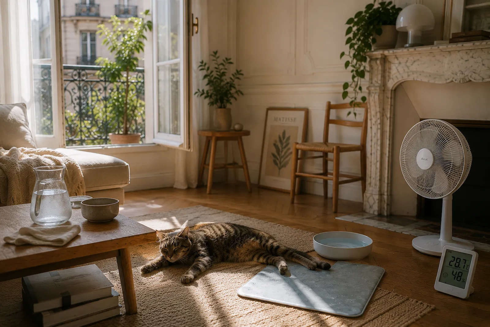 Salon haussmannien en été avec ventilateur, eau fraîche, tapis rafraîchissant et chat allongé au sol.