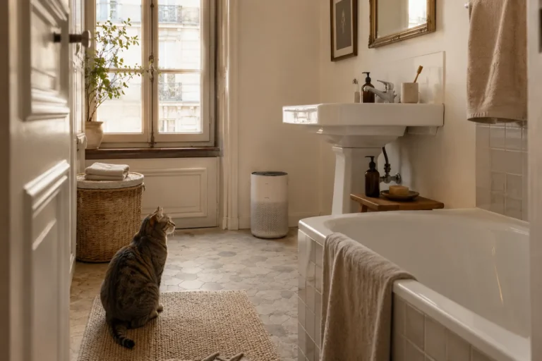 Salle de bain lumineuse dans un appartement haussmannien avec chatte tigrée observant la fenêtre et purificateur d’air discret, ambiance calme et fraîche adaptée à la vie avec un chat.