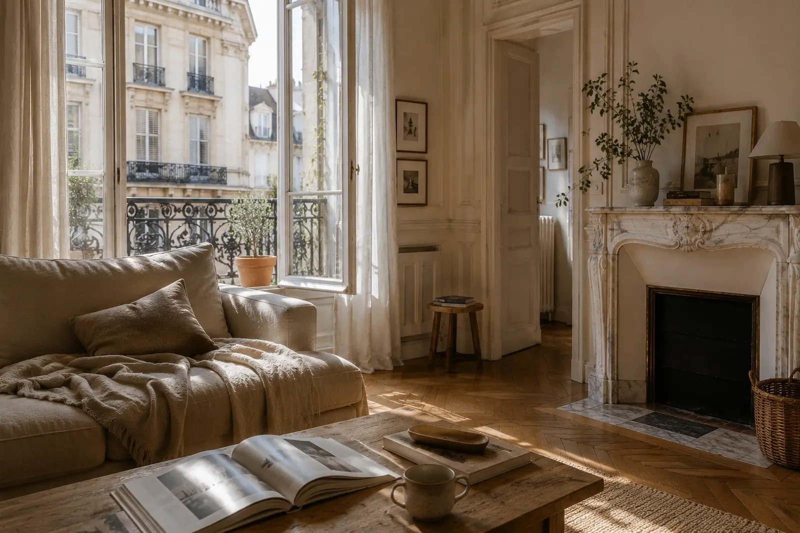 Salon d’un appartement haussmannien avec grandes fenêtres, parquet ancien et lumière naturelle, illustrant un environnement sûr pour un chat d’intérieur.