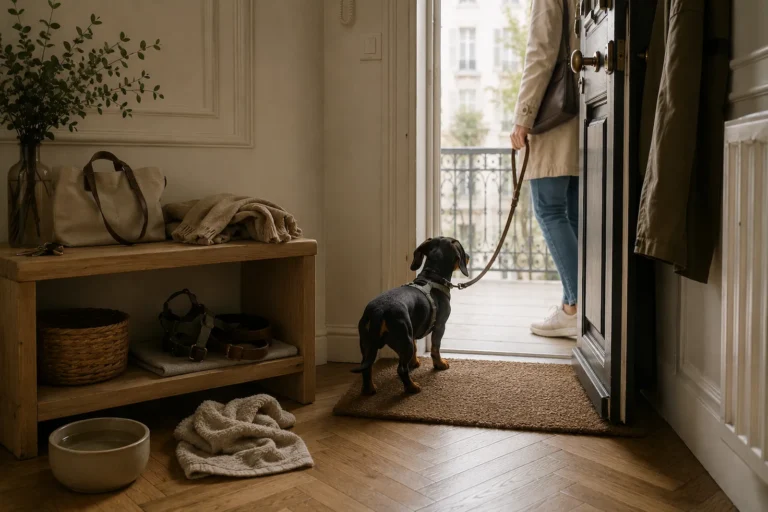 Teckel noir prêt à sortir d’un appartement haussmannien avec sa laisse pour sa promenade quotidienne.