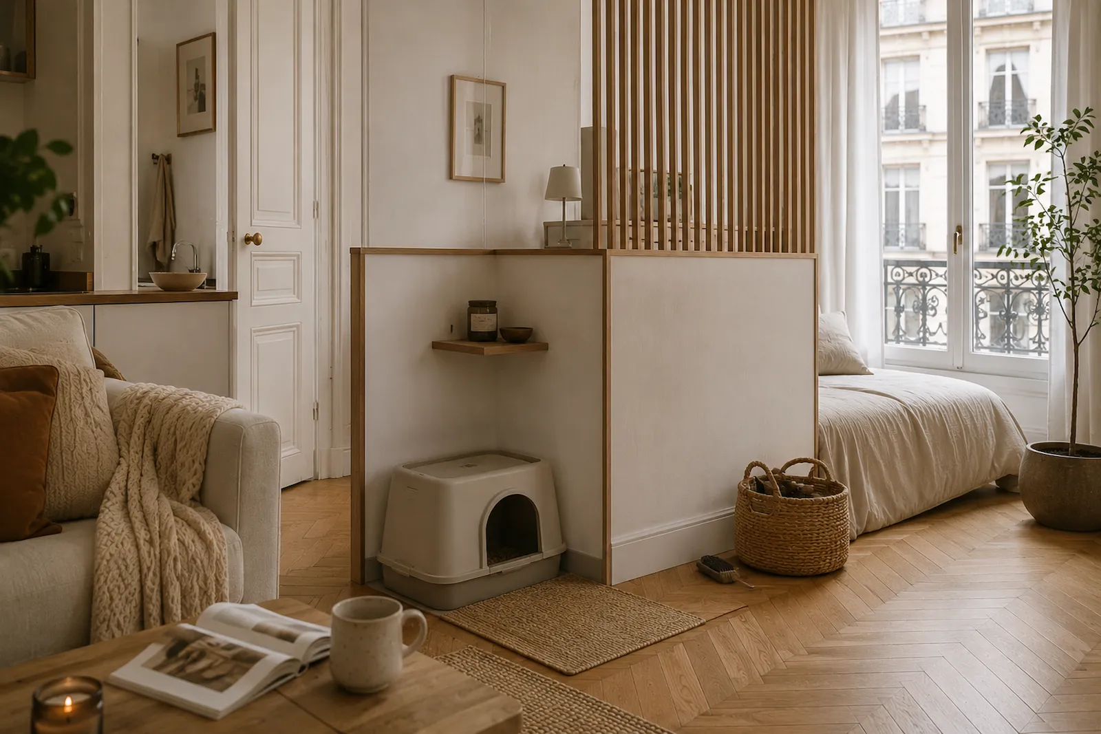 Studio haussmannien avec demi-cloison séparant discrètement le coin litière du reste de l’espace de vie.