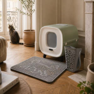 Tapis récupérateur de litière gris placé devant une maison de toilette pour chat dans un appartement haussmannien lumineux.