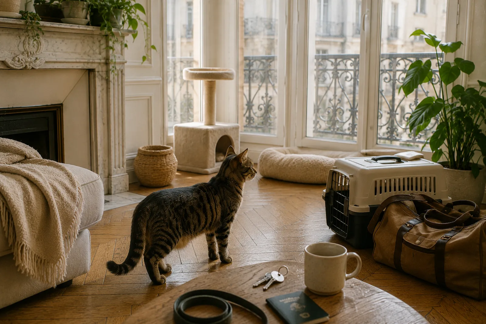 Chat tigré face à sa caisse de transport et un sac de voyage, appartement haussmannien