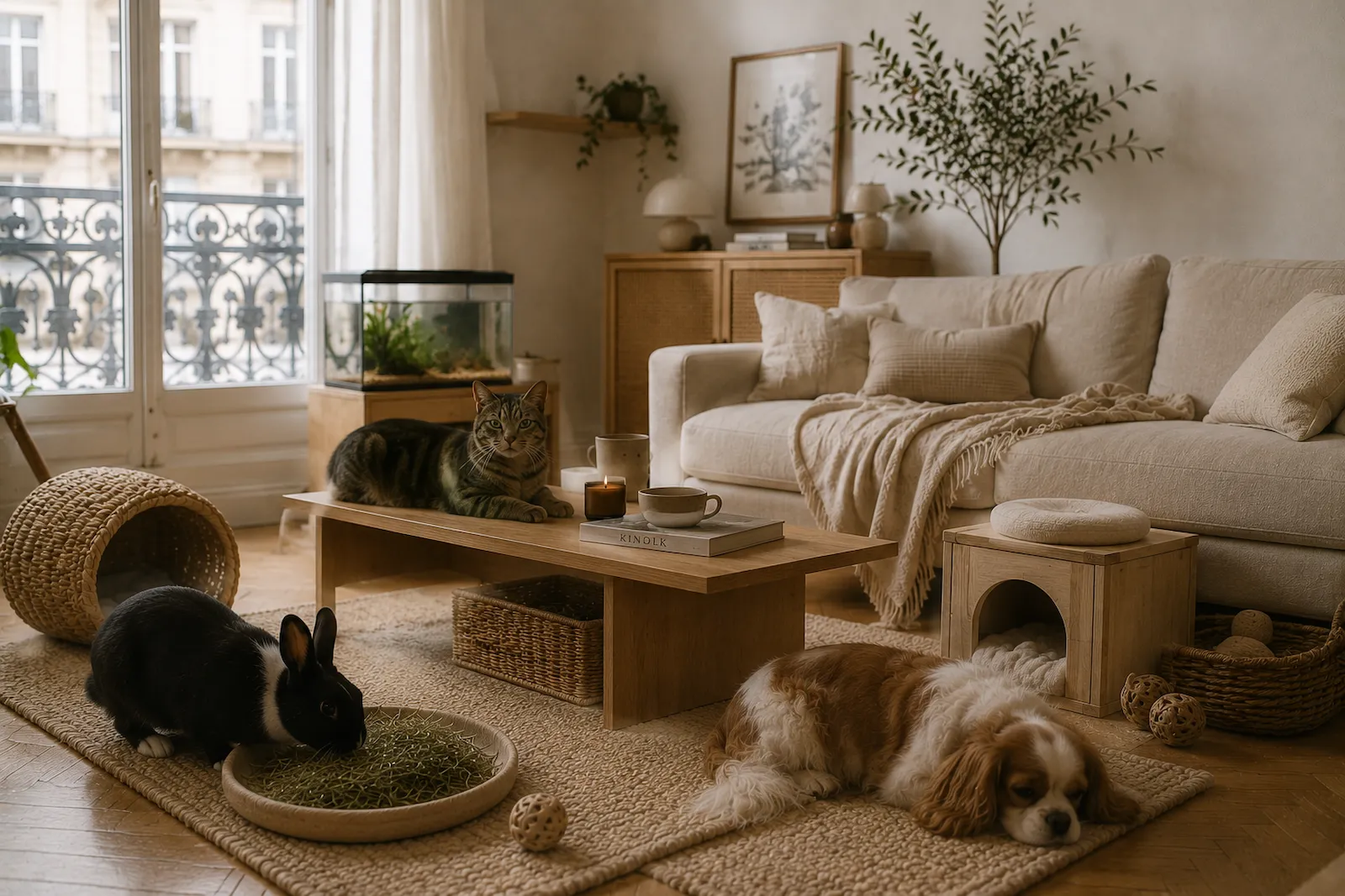 Chat, lapin et petit chien dans un salon haussmannien lumineux illustrant différents niveaux d’autonomie en appartement.