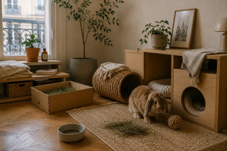 Coin enrichissement pour lapin dans un appartement haussmannien avec bac à creuser, tunnel et cachettes en bois.