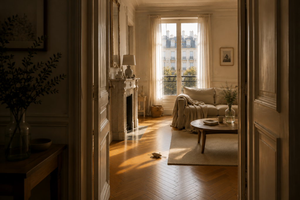 Salon lumineux d’un appartement parisien aménagé pour vivre avec un animal