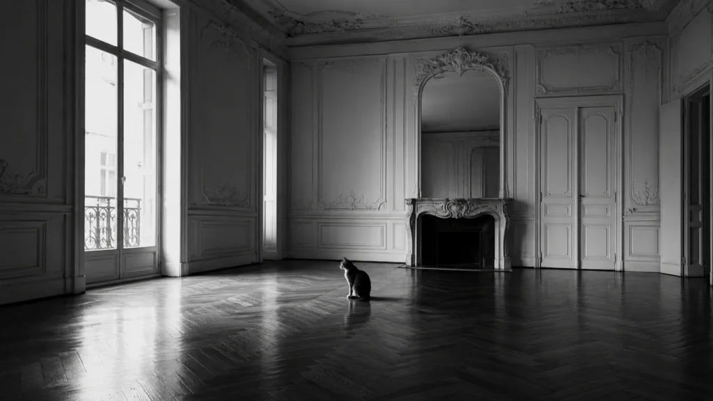 Un chat seul dans un grand salon haussmannien vide, parquet à chevrons, cheminée et moulures, en noir et blanc