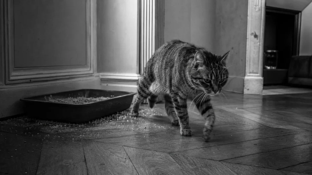 Un chat près d'un bac à litière négligé, litière renversée au sol dans un appartement