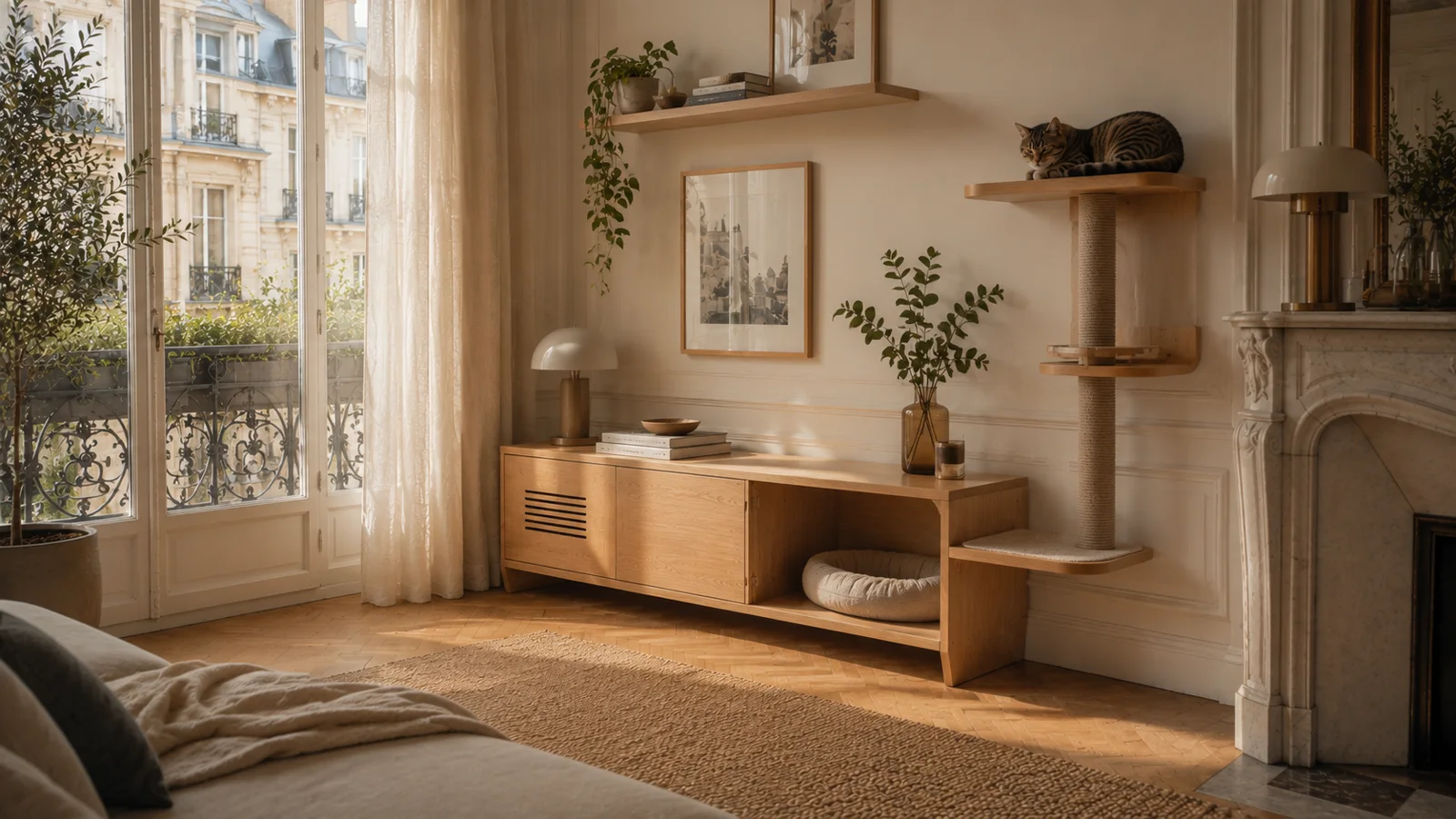 Coin animal sobre et intégré dans un appartement minimaliste et lumineux, quelques accessoires bien choisis
