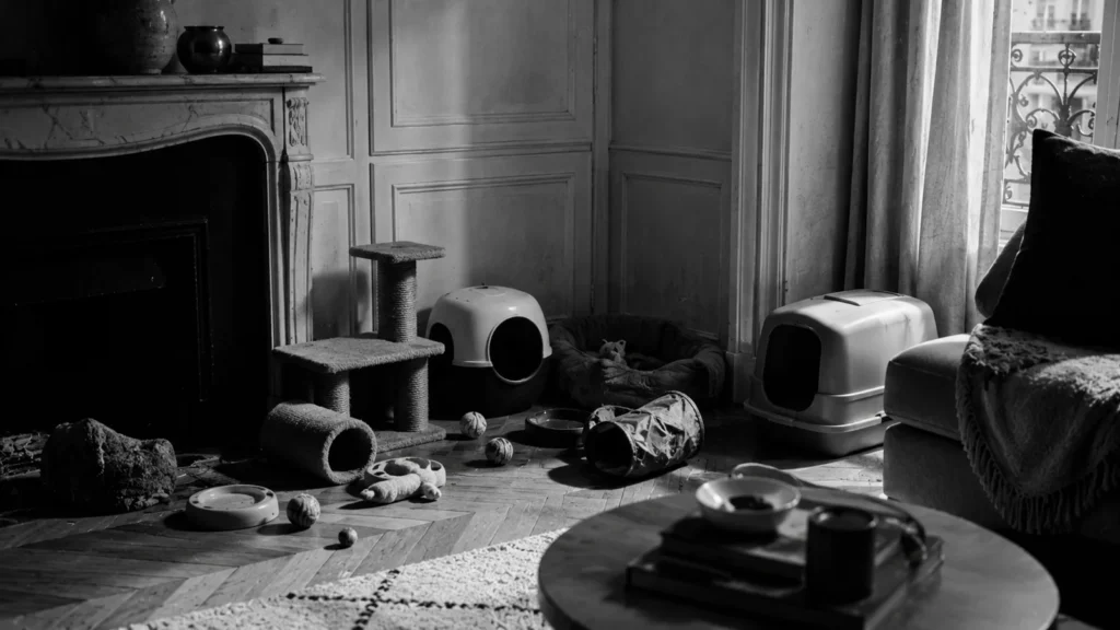 Accessoires d'animal empilés et en doublon dans un petit appartement encombré, noir et blanc contrasté