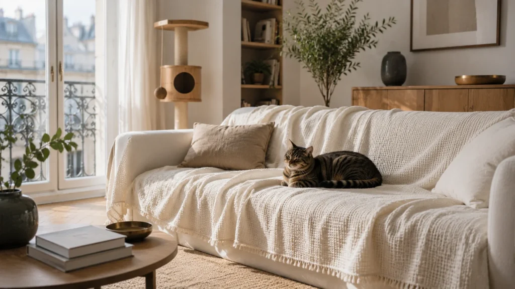 Coin animal minimaliste et intégré dans un appartement clair, un couchage et un mobilier multifonction, sol dégagé