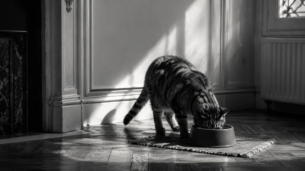 Chat penché sur sa gamelle de croquettes dans une cuisine haussmannienne