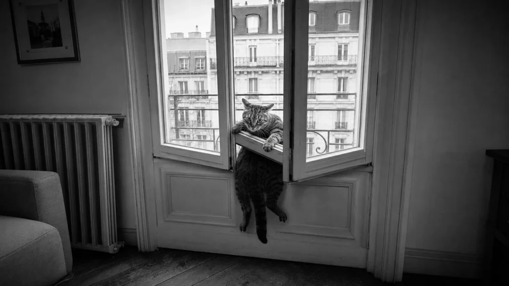 Un chat coincé dans le V d'une fenêtre oscillo-battante inclinée, la position de danger à éviter
