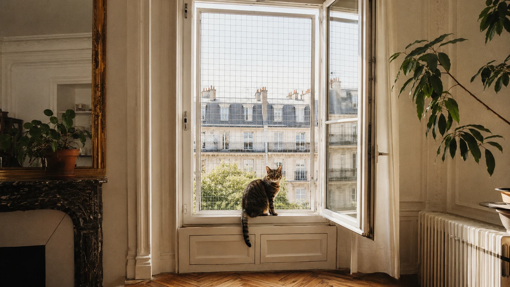 Un chat serein devant une fenêtre oscillo-battante sécurisée par une grille de protection dans un appartement