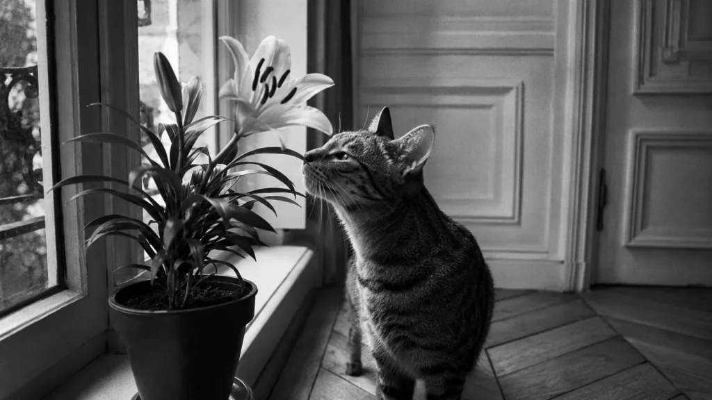 Un chat renifle de près un lys posé dans un appartement haussmannien, la plante la plus toxique pour lui