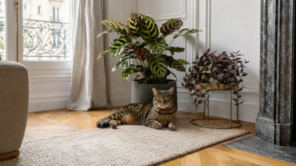 Un chat détendu près de plantes d'intérieur sans danger dans un salon haussmannien lumineux