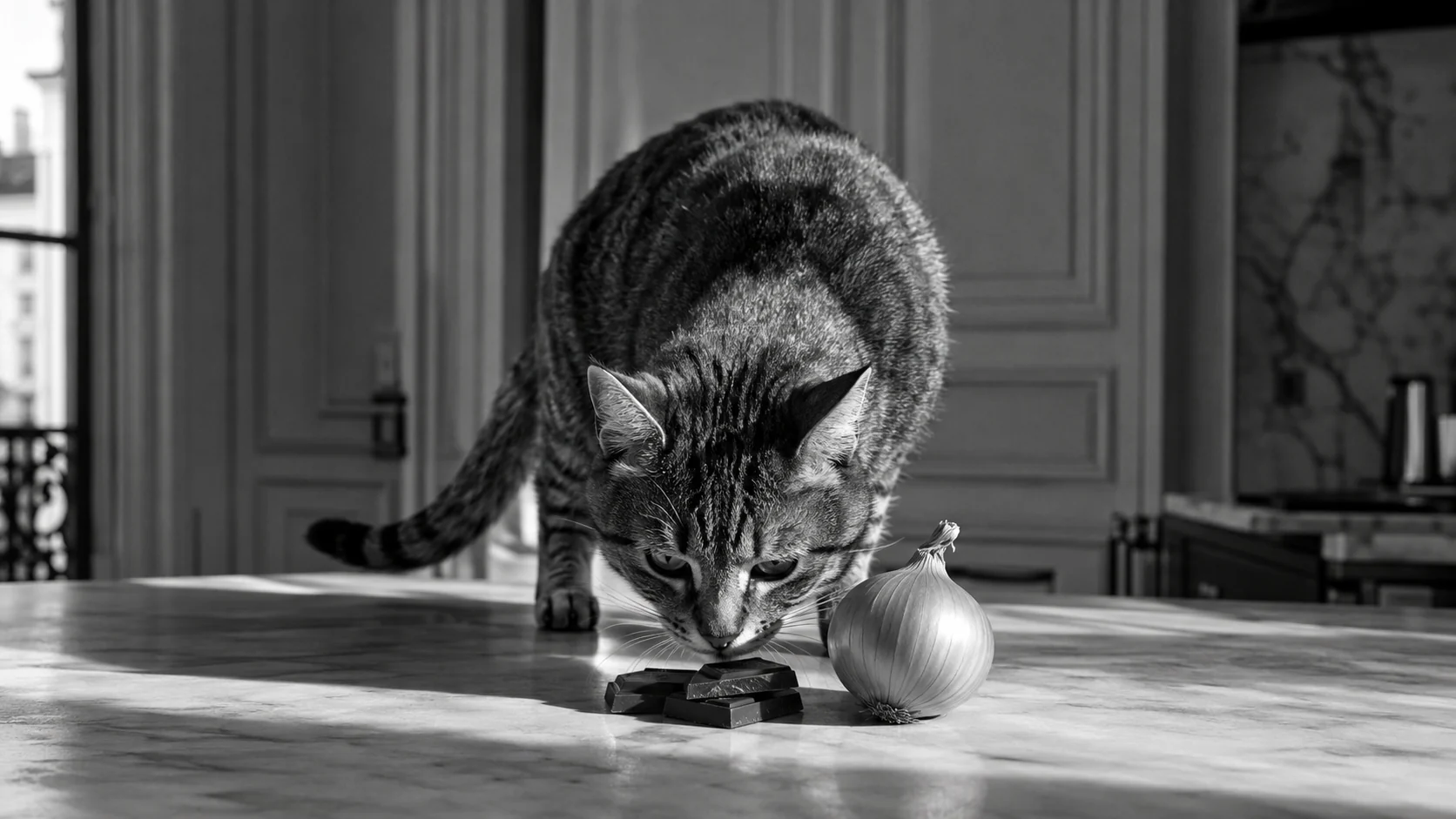 Un chat s'approche d'une tablette de chocolat et d'un oignon oubliés sur un plan de travail, aliments toxiques pour le chat