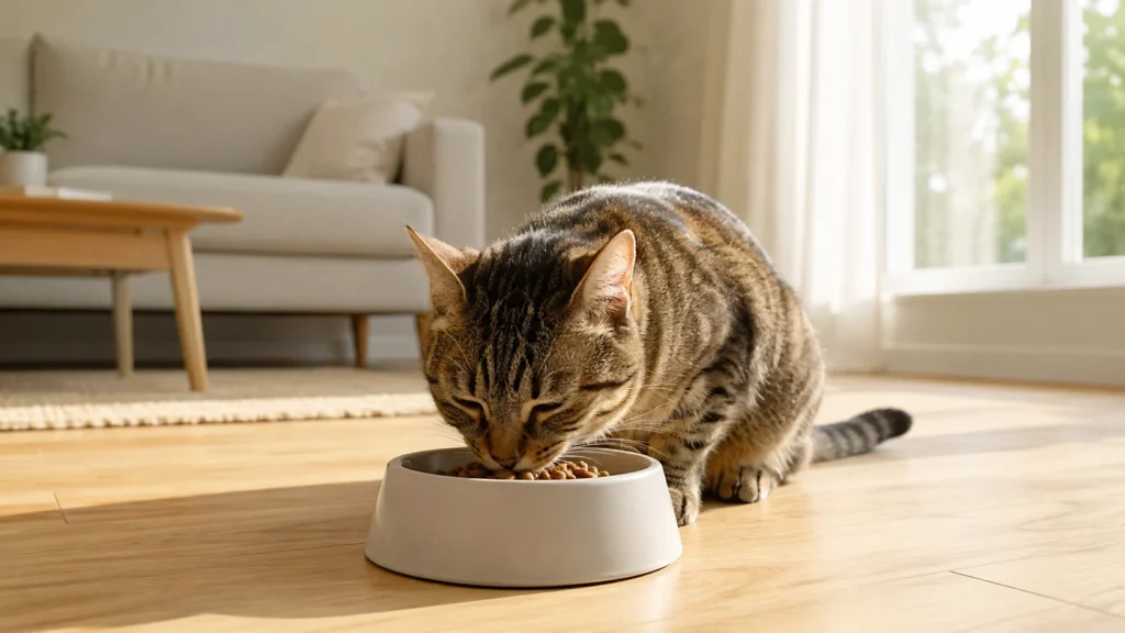 Un chat mange tranquillement dans une gamelle propre, à l'écart des aliments toxiques