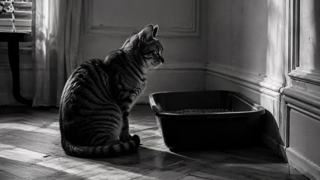 Chat tigré assis près d'un bac à litière dans un appartement, noir et blanc contrasté