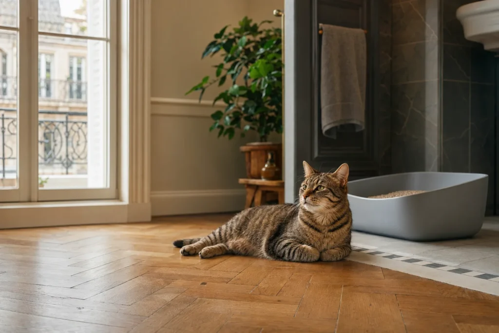 Coin litière discret et bien ventilé dans un appartement clair, bac propre à l'écart d'une source de chaleur