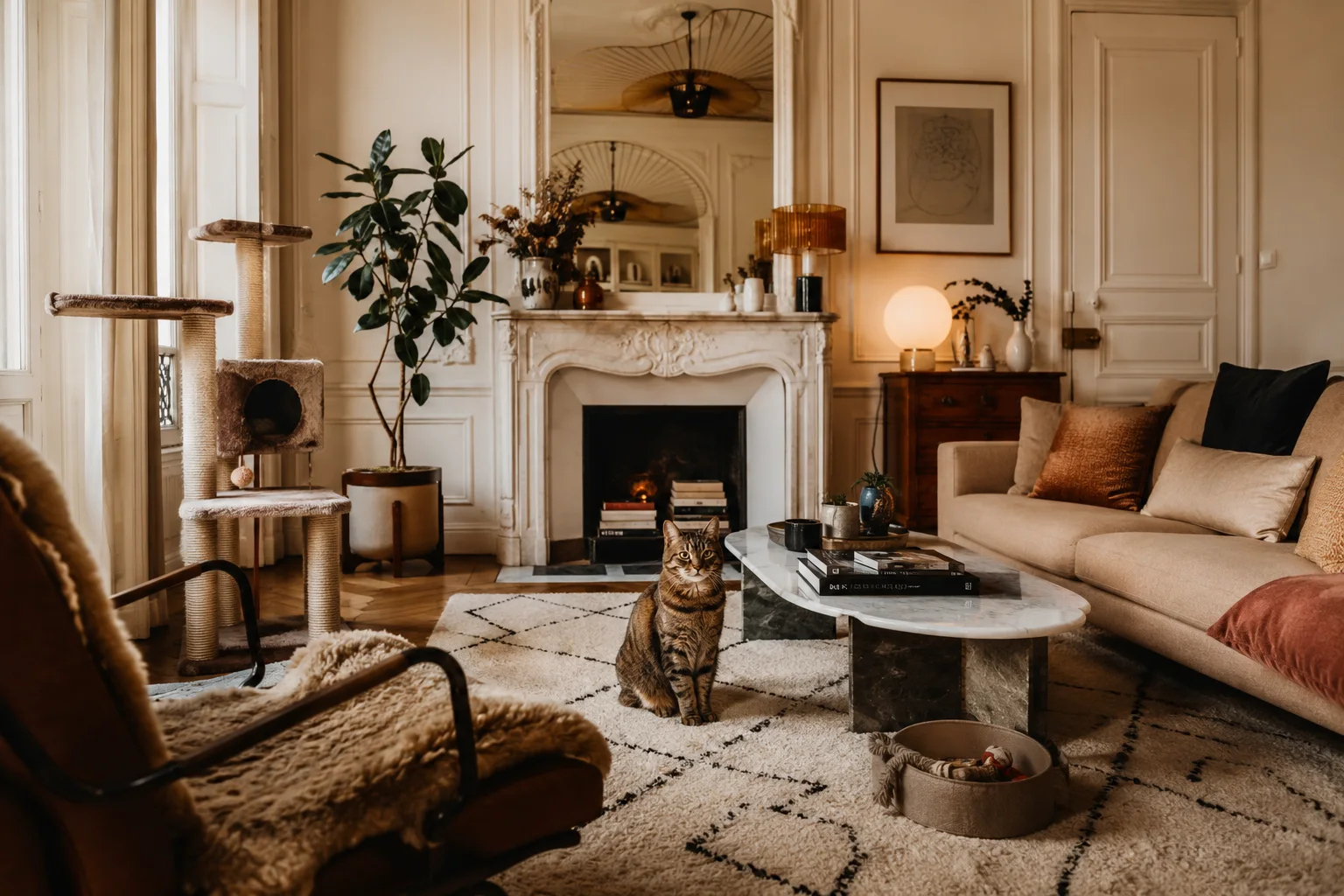 Salon d'appartement élégant et lumineux où vit un chat, mobilier soigné et textiles chaleureux, ambiance pet-friendly assumée