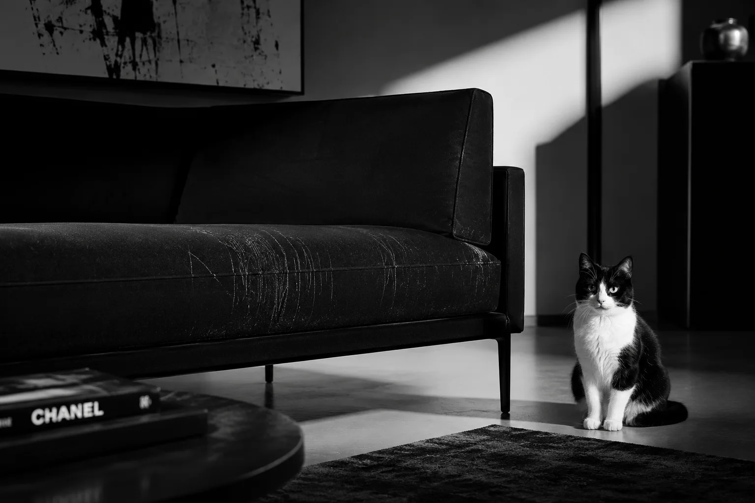 Canapé design d'un salon d'appartement portant des traces de griffes, chat assis à proximité, photographie noir et blanc contrastée