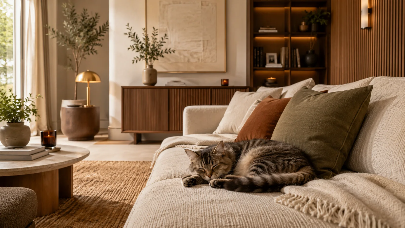 Salon d'appartement élégant et pet-friendly baigné d'une lumière chaude, chat lové sur un textile clair, mobilier et matières en harmonie