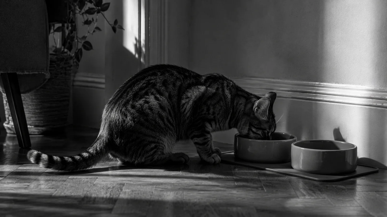 Chat qui hésite devant sa gamelle posée juste à côté du bac à litière dans un coin d'appartement, noir et blanc contrasté