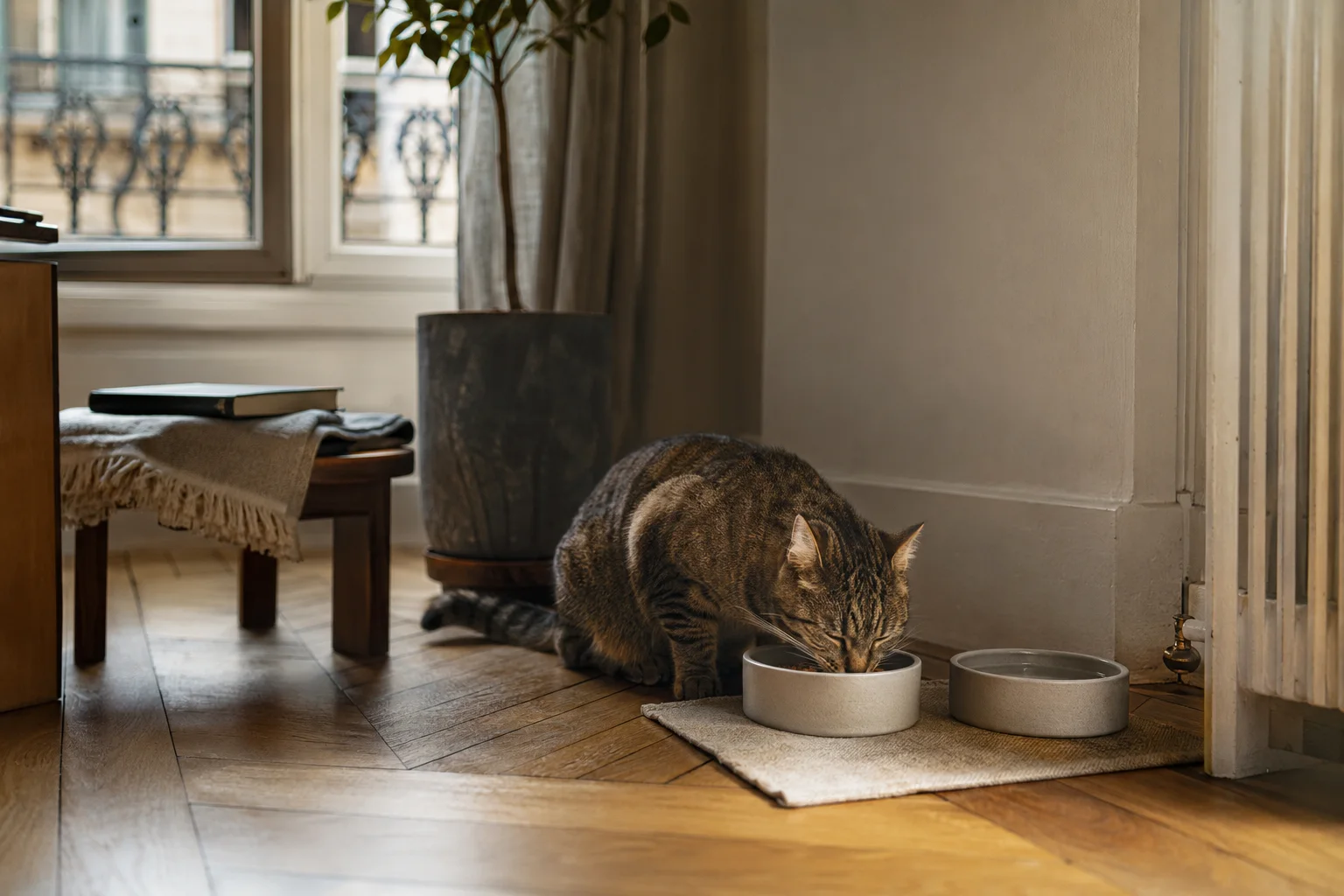 Coin repas d'un chat bien réglé dans un appartement lumineux, gamelle large sur une planche, point d'eau posé à l'écart