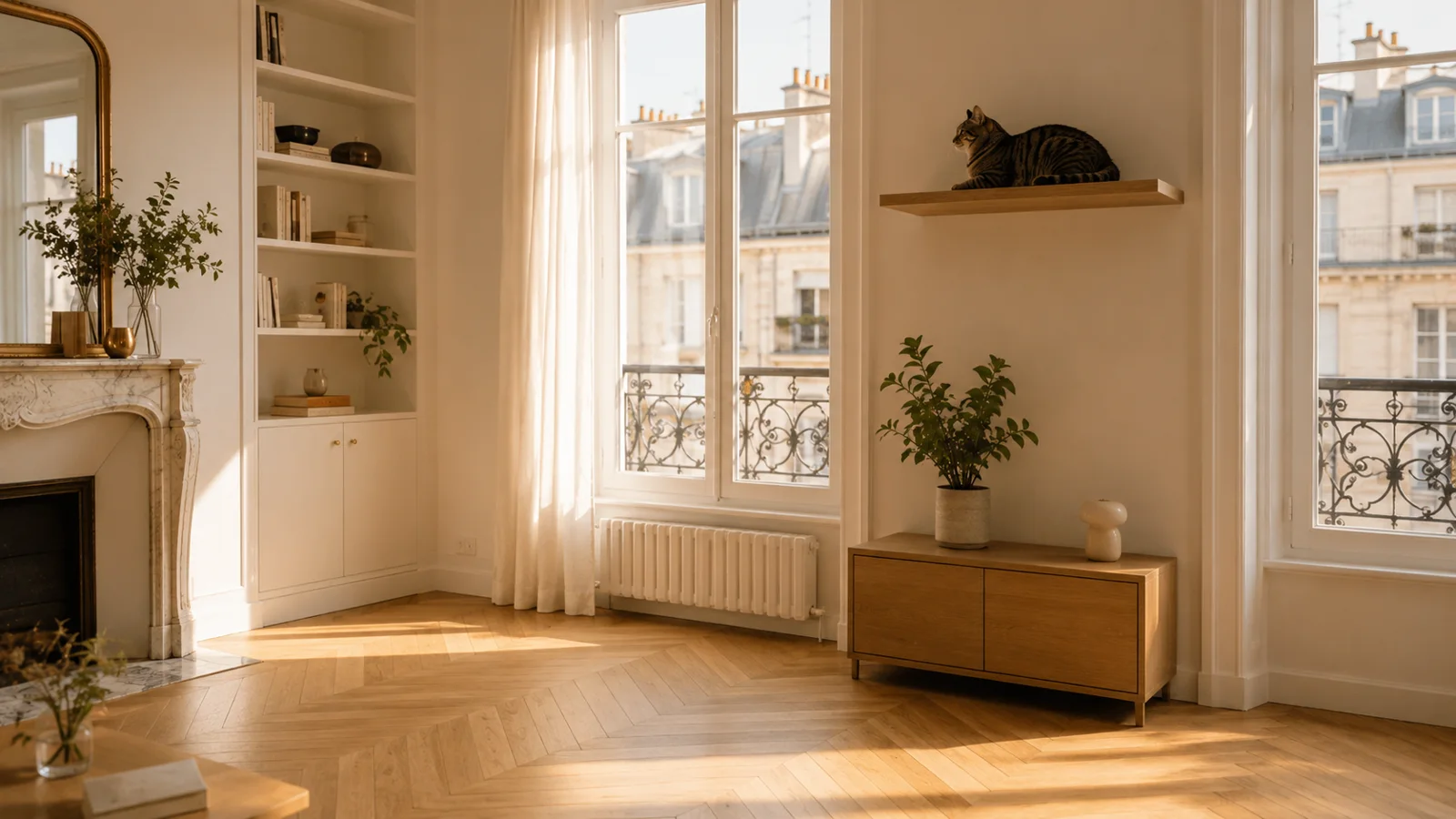 Salon épuré et lumineux, quelques meubles en bois clair, chat perché sur une étagère murale sans encombrer le sol