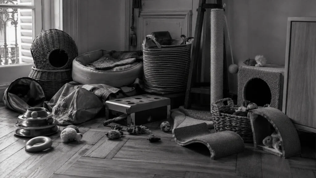 Coin d'appartement encombré d'accessoires pour chat empilés au sol — paniers, griffoirs, jouets — en noir et blanc contrasté
